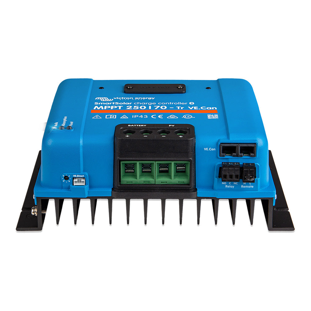 Victron Energy SmartSolar MPPT 250/70-TR VE.Can battery charger with digital display and connection ports for efficient solar charging