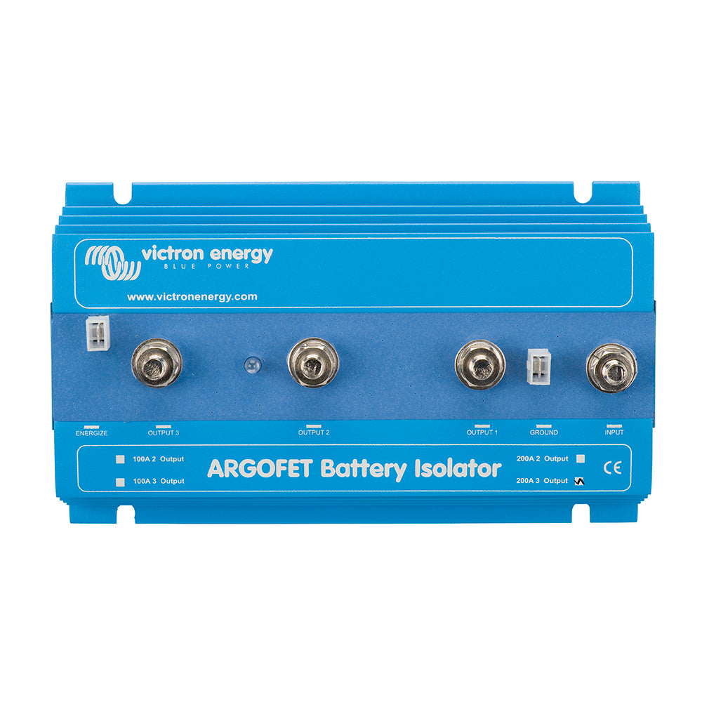 Victron Energy Argo FET Battery Isolator 200-3 for 3 batteries, 200AMP, black device with wiring terminals and labels