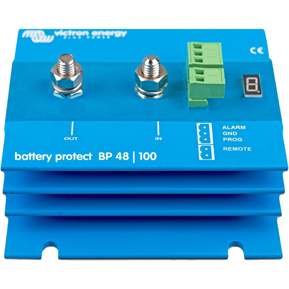 Victron Energy BatteryProtect 48V 100A battery management device with digital display and control buttons.