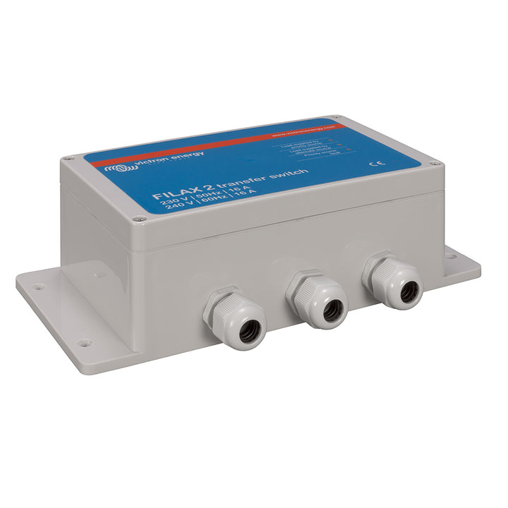 Victron Energy Filax 2 transfer switch for battery management, 110V/50Hz and 120V/60Hz power systems.