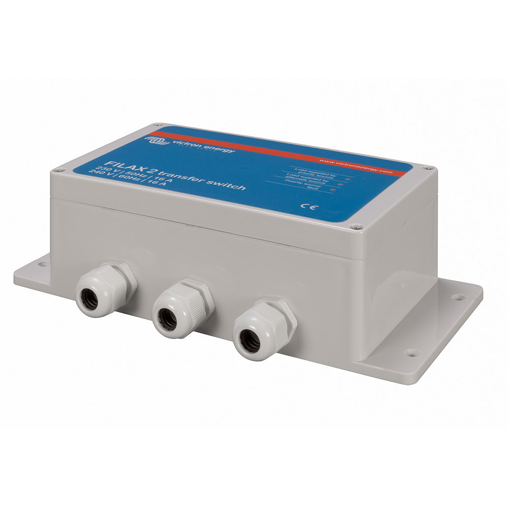 Victron Energy Filax 2 transfer switch for battery management, 110V/50Hz and 120V/60Hz power compatibility, with control unit visible.