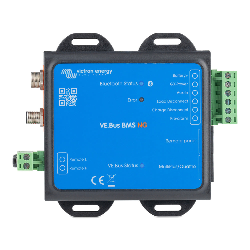 Victron Energy VE.Bus BMS NG battery management system with digital display and connection ports for energy monitoring.