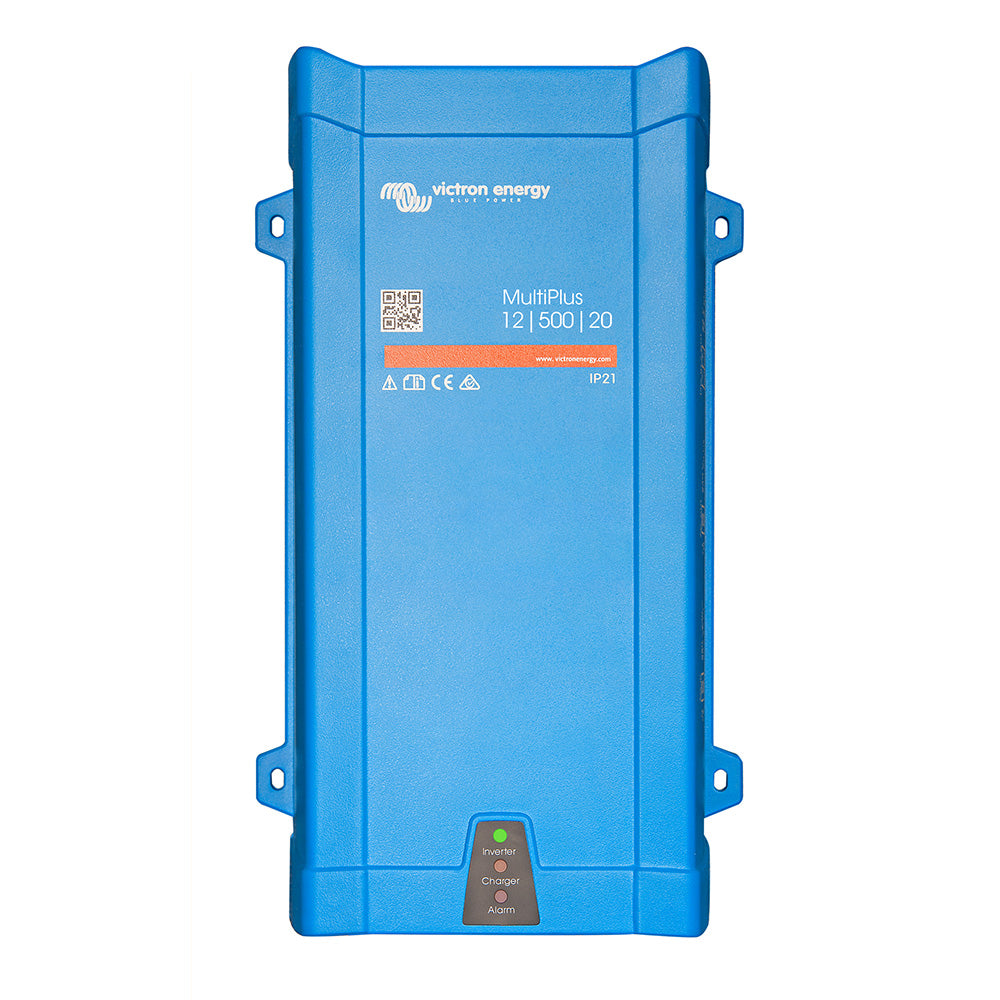 Victron MultiPlus 12/500 inverter charger combo from Victron Energy, with UL approval, showing front view and control panel.