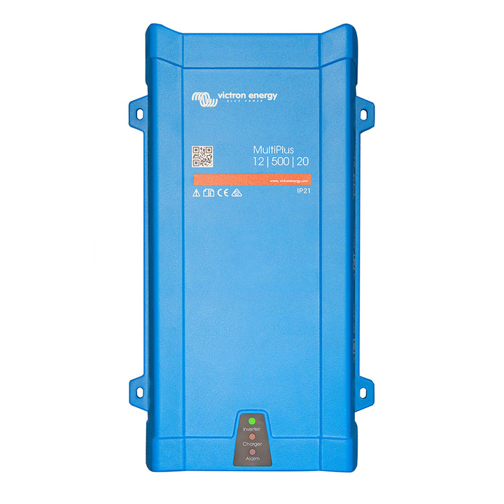 Victron MultiPlus 12/500 inverter charger combo from Victron Energy, with UL approval, showing front view and control panel.