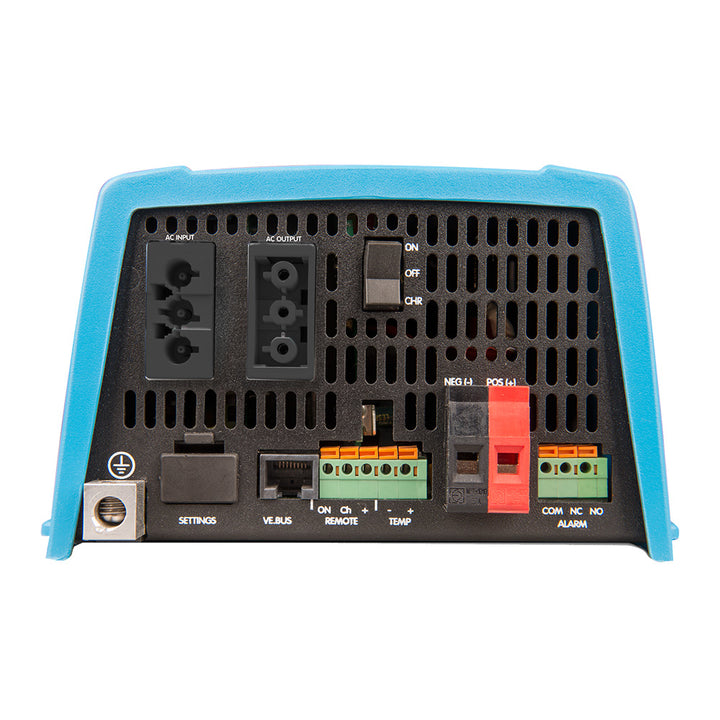 Victron MultiPlus 12/500 charger and inverter combo by Victron Energy, UL approved, with digital display and connection ports.