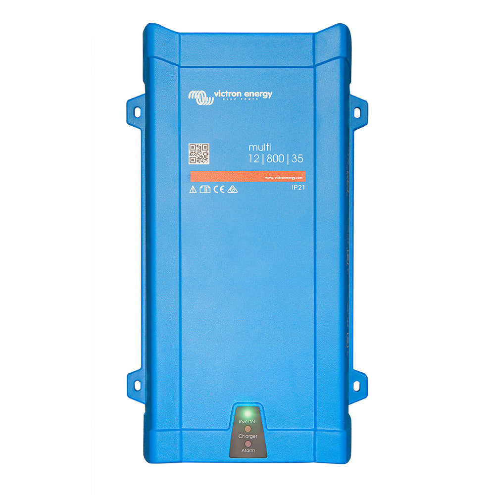 Victron MultiPlus 12/800/35 120V charger inverter combo from Victron Energy, showing unit with control panel and ports.