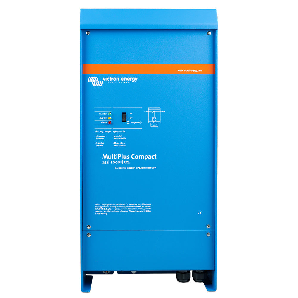 Victron MultiPlus 24/2000 inverter charger combo by Victron Energy, UL approved, with digital display and input/output ports.