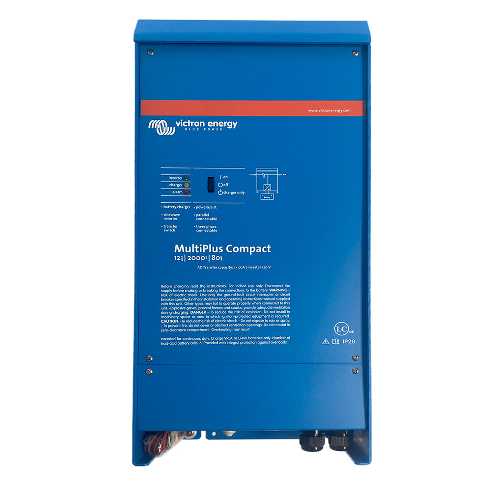 Victron Energy MultiPlus Compact 12/2000/80-150 120V charger and inverter combo with UL approval, showing front view and control panel.