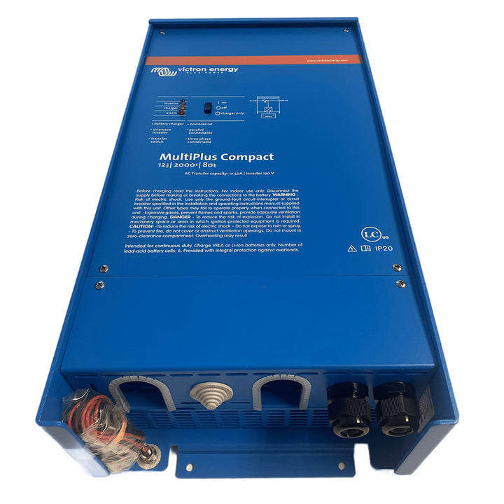 Victron Energy MultiPlus Compact 12/2000/80-150 120V charger and inverter combo with UL approval, showing front view of the device