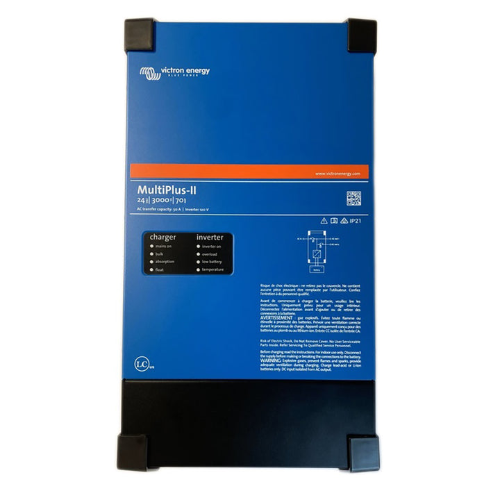 Victron MultiPlus-II 24/3000 inverter charger combo from Victron Energy, UL approved, with digital display and connection ports.