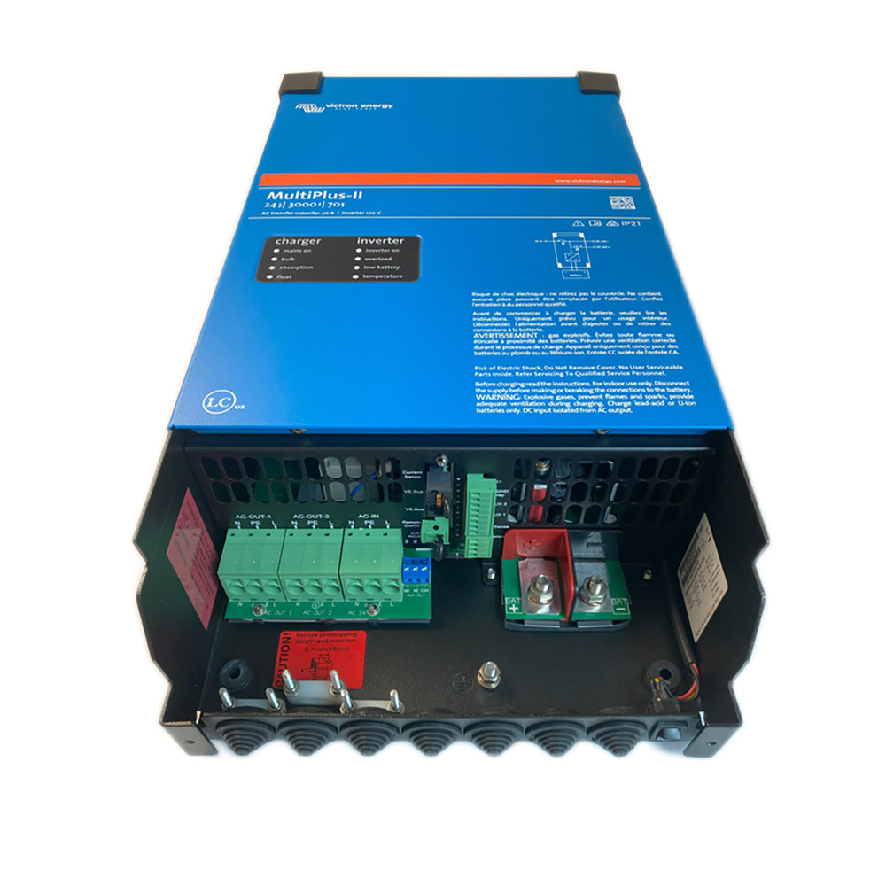 Victron MultiPlus-II 24/3000 inverter charger from Victron Energy, UL approved, showing the compact device with display and connection ports.