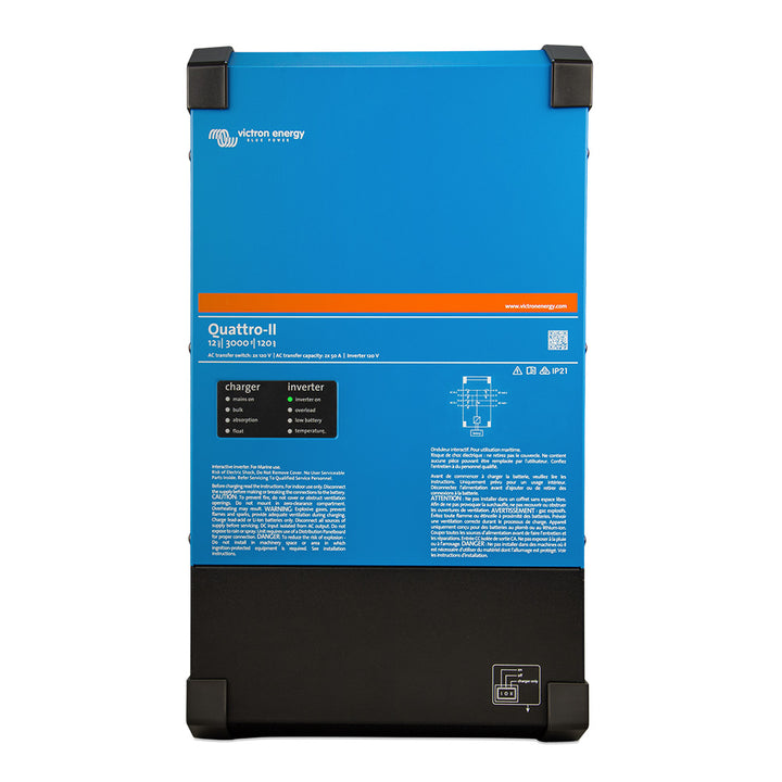 Victron Quattro-II 12/3000 charger inverter combo with dual 120V outlets, used for reliable power backup and energy management.