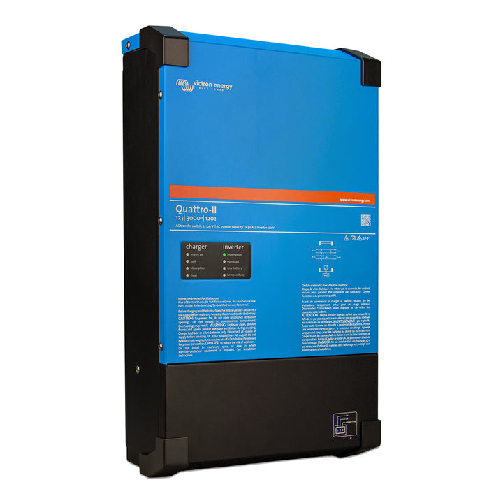 Victron Energy Quattro-II 12/3000 charger and inverter combo with dual 120V outputs, used for reliable power management.