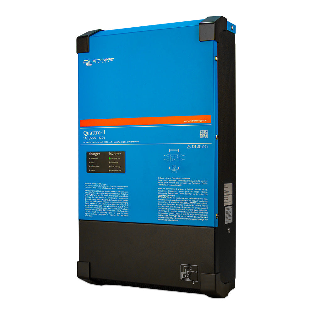 Victron Energy Quattro-II 12/3000 inverter charger combo showing dual 120V outlets and control panel for off-grid power systems.