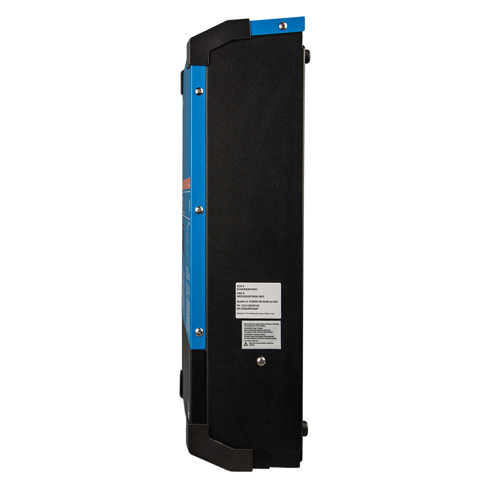 Victron Quattro-II 12/3000 charger inverter combo with dual 120V outputs, in a compact power system for renewable energy applications.