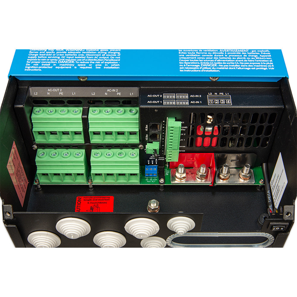 Victron Energy Quattro-II 12/3000 charger inverter combo with dual 120V outlets, 120/50Hz, for reliable power backup systems.