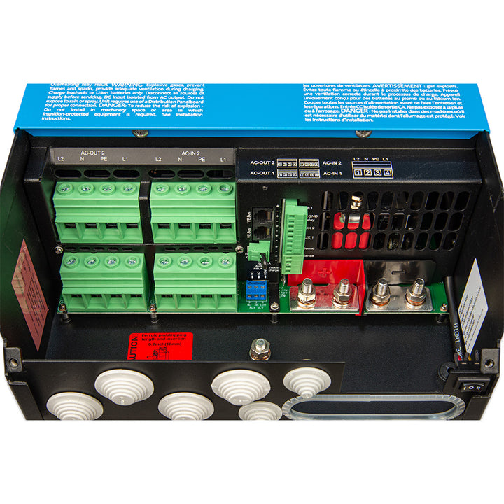 Victron Energy Quattro-II 12/3000 charger inverter combo with dual 120V outlets, 120/50Hz, for reliable power backup systems.