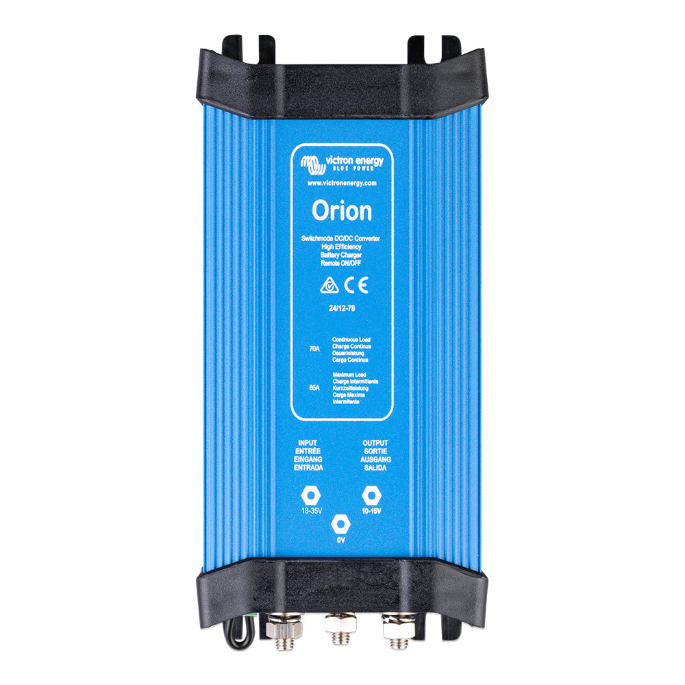 Victron Energy Orion 24/12-80 DC-DC converter showing compact black rectangular device with input and output terminals.