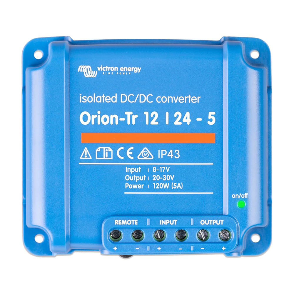 Victron Orion-Tr 12/24-5A 120W isolated DC-DC converter from Victron Energy, showing the compact device with input and output terminals.