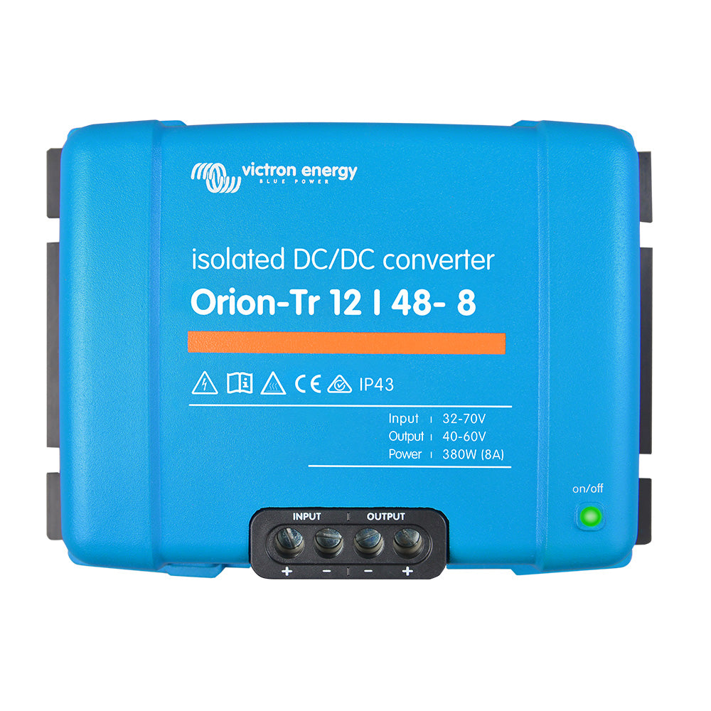 Victron Orion-TR 12/48-8A isolated DC to DC converter by Victron Energy, showing compact design with input and output terminals.