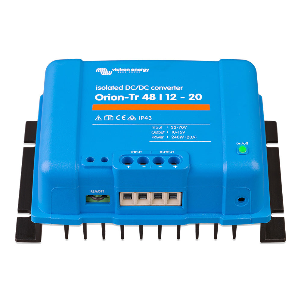 Victron Orion-Tr 48/12 20A isolated DC-DC converter by Victron Energy, showing the compact device with input and output terminals.