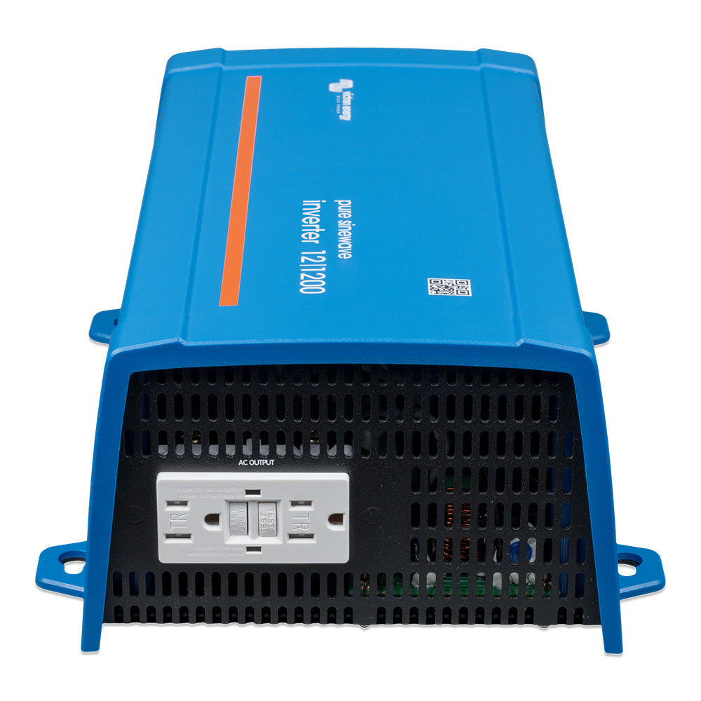 Victron Phoenix 12/1200 inverter with 120V output, VE.Direct port, NEMA GFCI, UL 458 certification, black compact design.