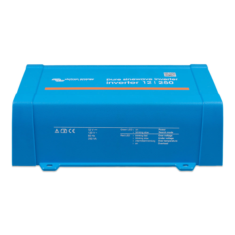Victron Phoenix 12/250 inverter with 120V GFCI duplex outlet, 200W power, Victron Energy branding and VE.Direct connection port.