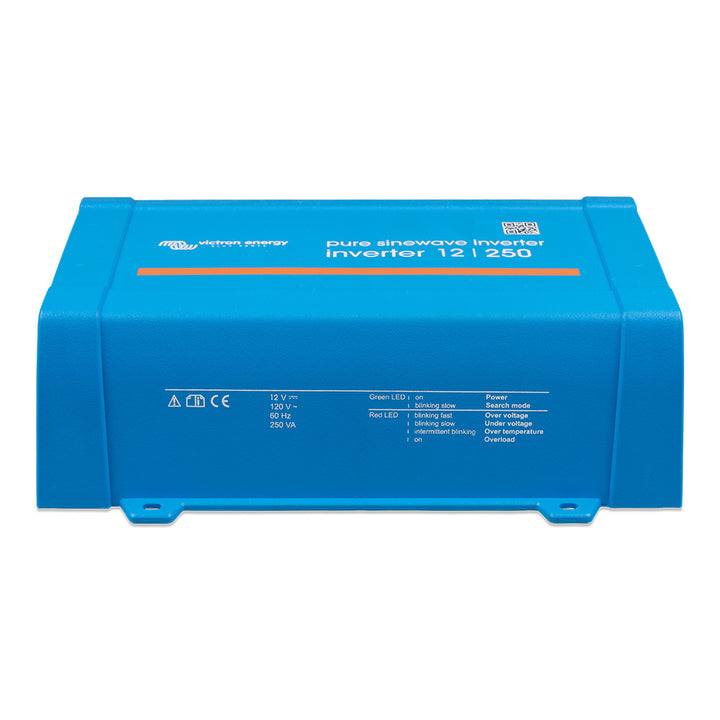 Victron Phoenix 12/250 inverter with 120V GFCI duplex outlet, 200W power, Victron Energy branding and VE.Direct connection port.