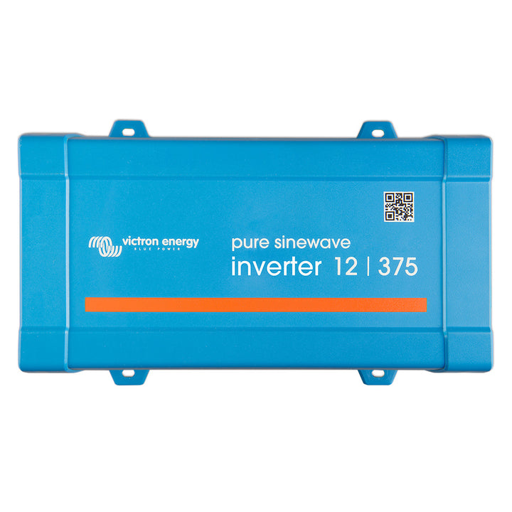Victron Phoenix 12/375 inverter showing GFCI duplex outlet, compact design, and power specifications for portable energy solutions.
