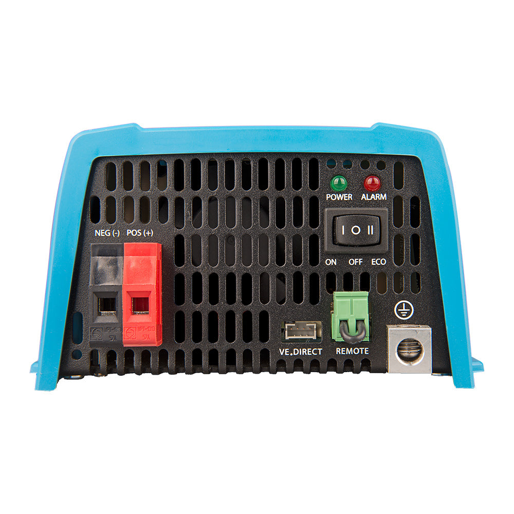 Victron Phoenix 12/375 inverter with 120V output, VE.Direct port, GFCI duplex outlet, 300W capacity, black and silver design.