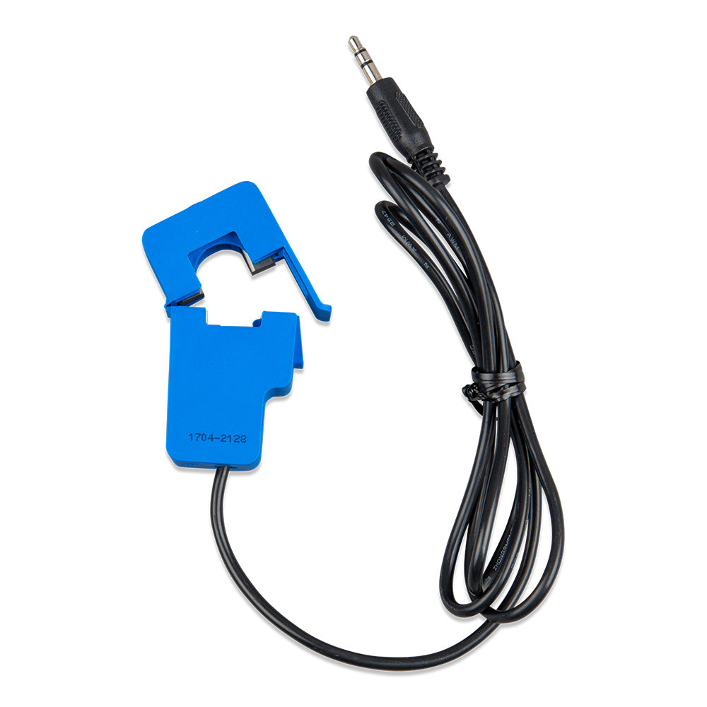 Victron Energy 100A:50mA current transformer for MultiPlus-II, shown with measurement wires and connection details.