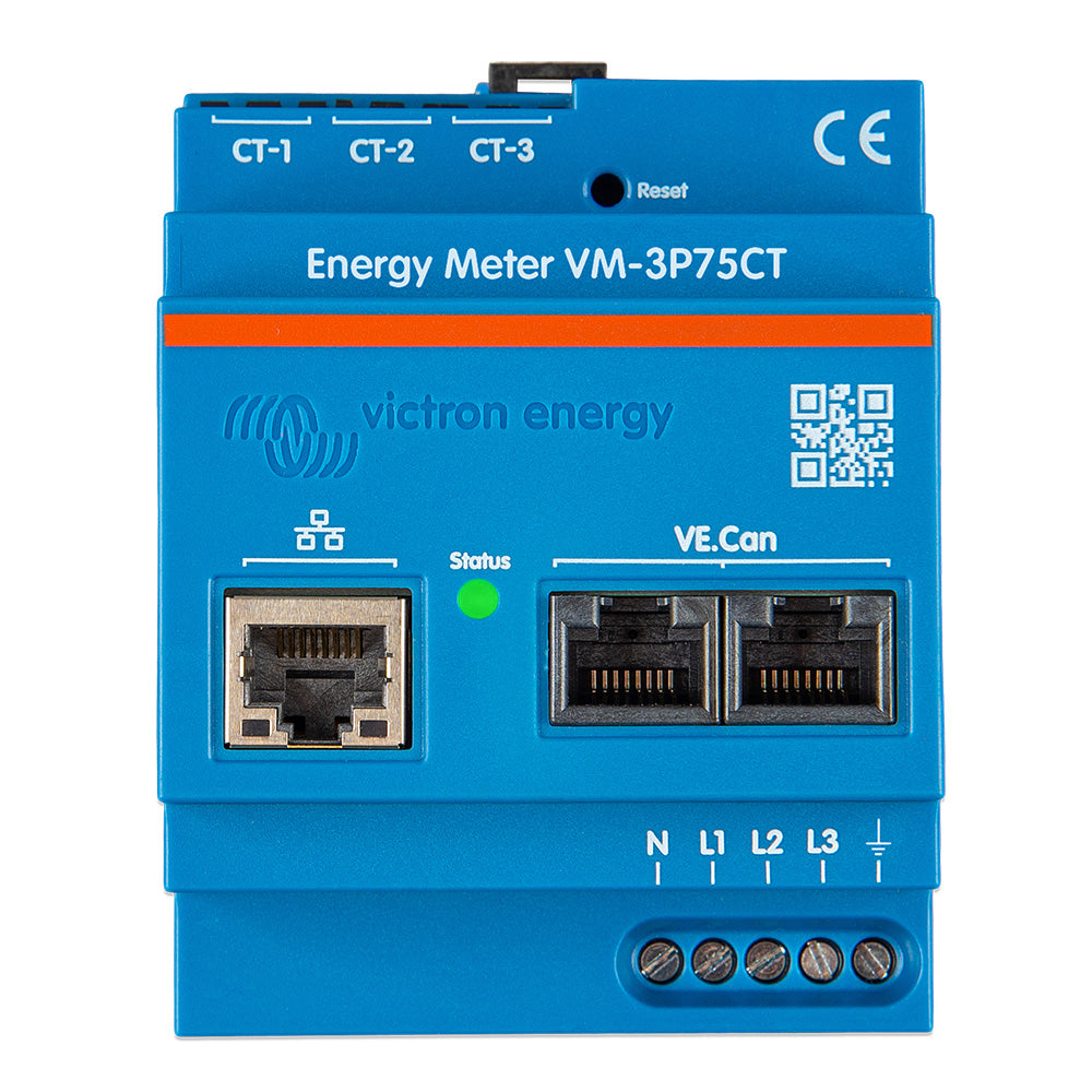 Victron Energy VM-3P75CT single-phase and 3-phase energy meter for monitoring electrical systems, shown with digital display and wiring.