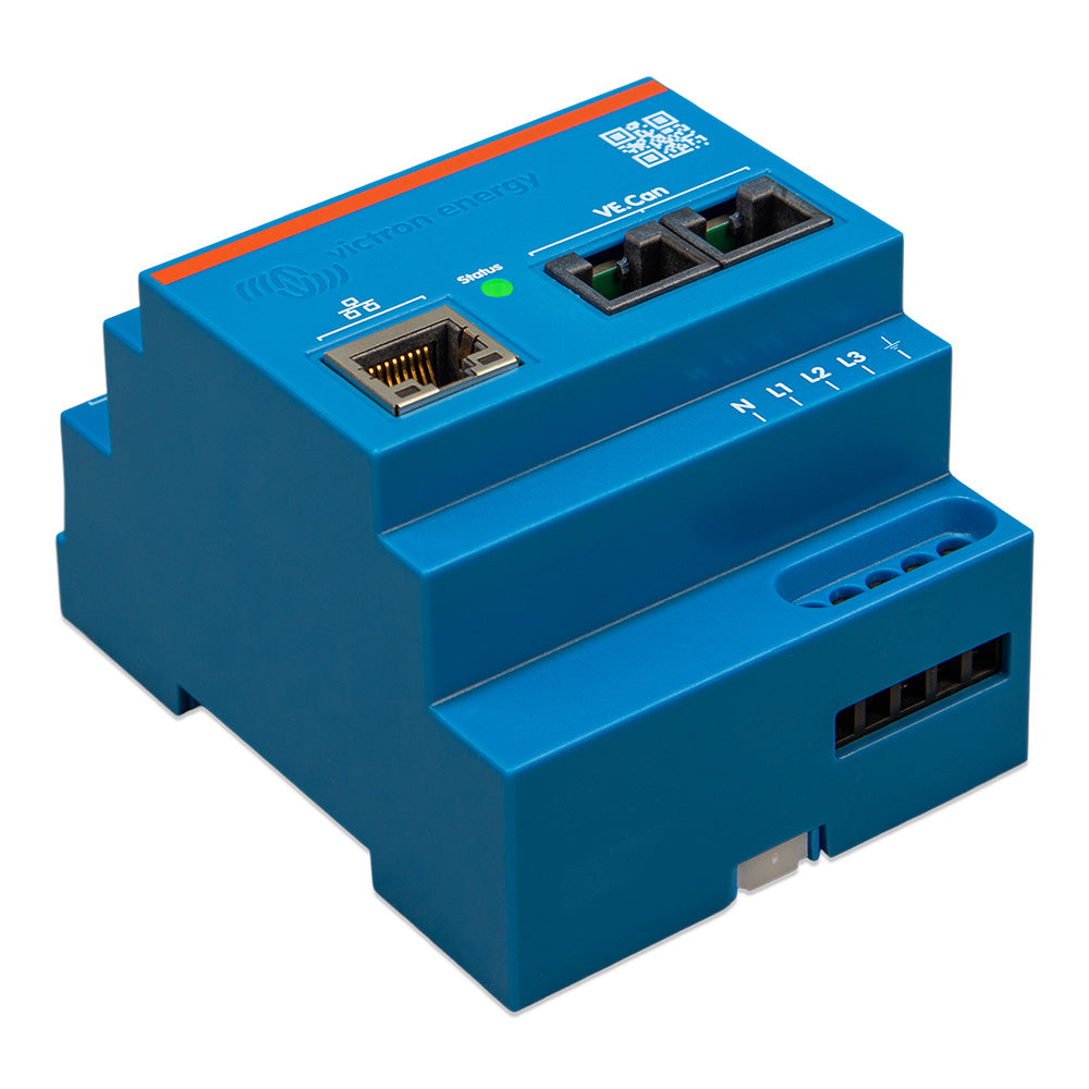 Victron Energy VM-3P75CT single and 3-phase energy meter for monitoring electrical systems with digital display.