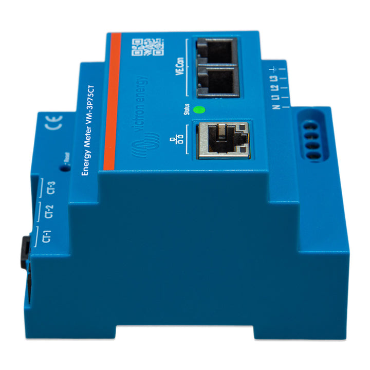 Victron Energy VM-3P75CT single and 3-phase energy meter for monitoring electrical systems, with digital display and connection ports.