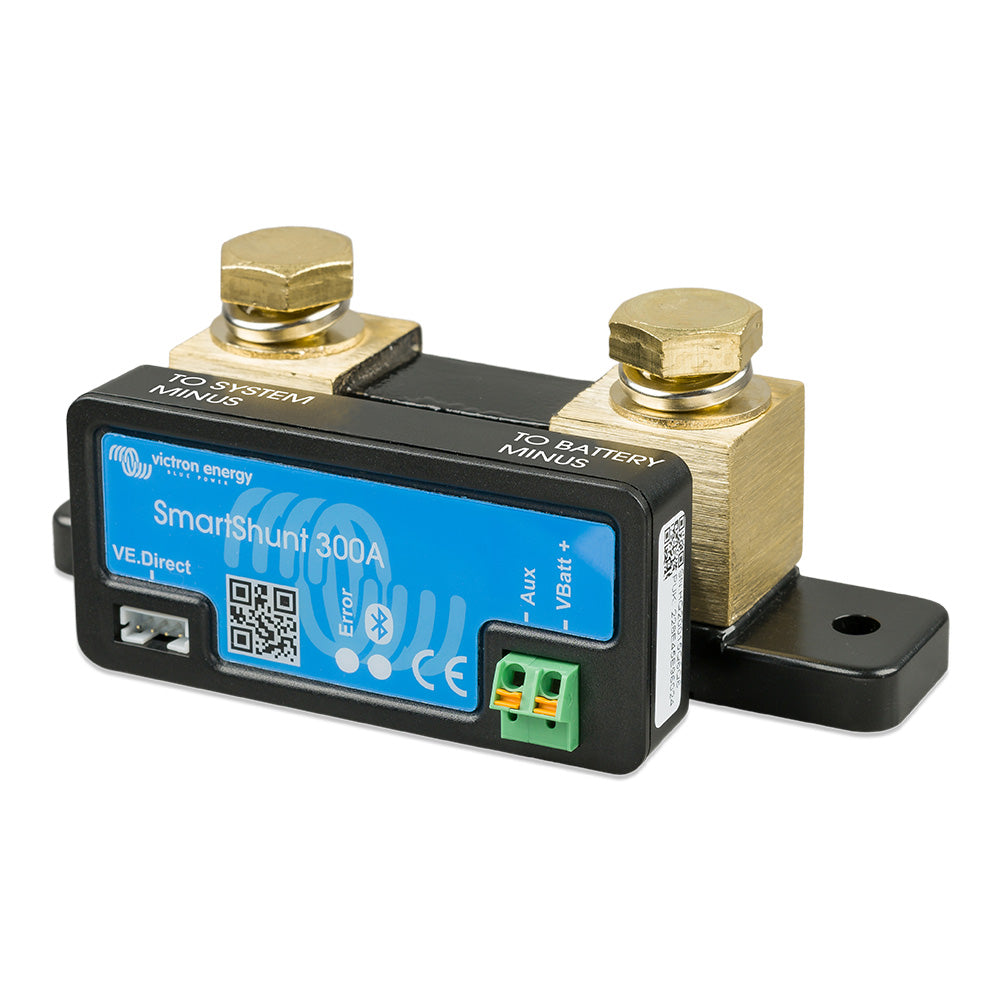Victron SmartShunt 300A battery monitor from Victron Energy displaying digital readings and connection ports
