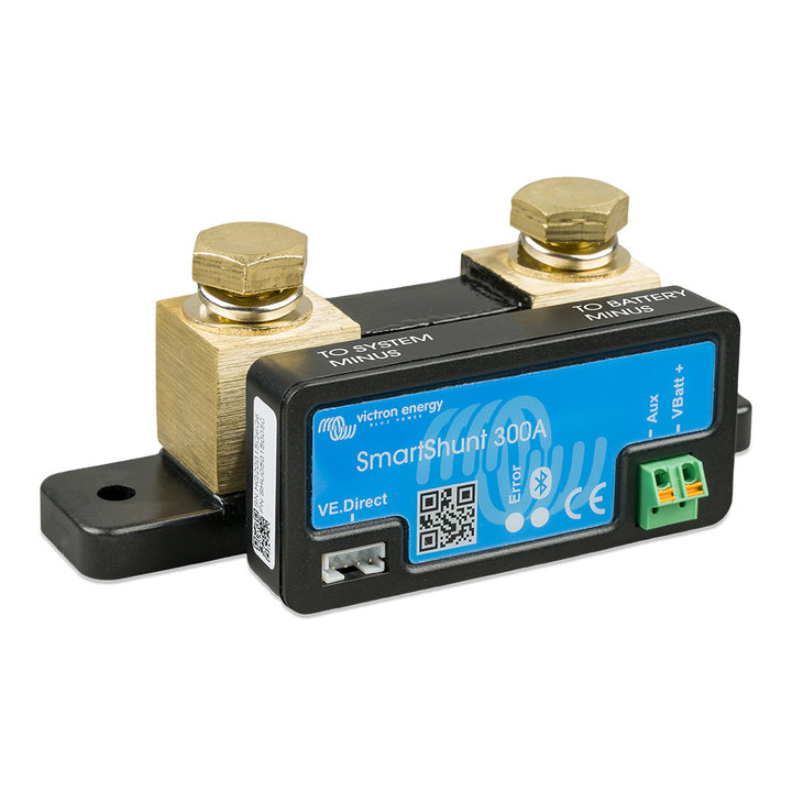 Victron SmartShunt 300A battery monitor from Victron Energy, showing digital display and connection terminals for monitoring battery status.