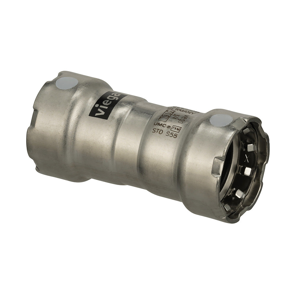 Viega MegaPress 316 FKM 3/4-inch coupling with stop, stainless steel fittings for plumbing and pipe connection.
