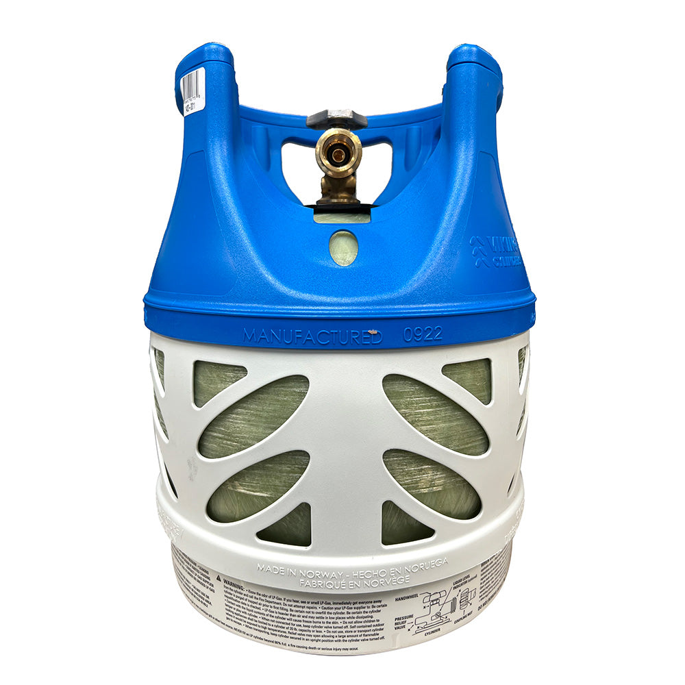 Viking Cylinders 11lb vertical fiberglass composite LPG cylinder with Type 1 OPD valve for deck or galley use.