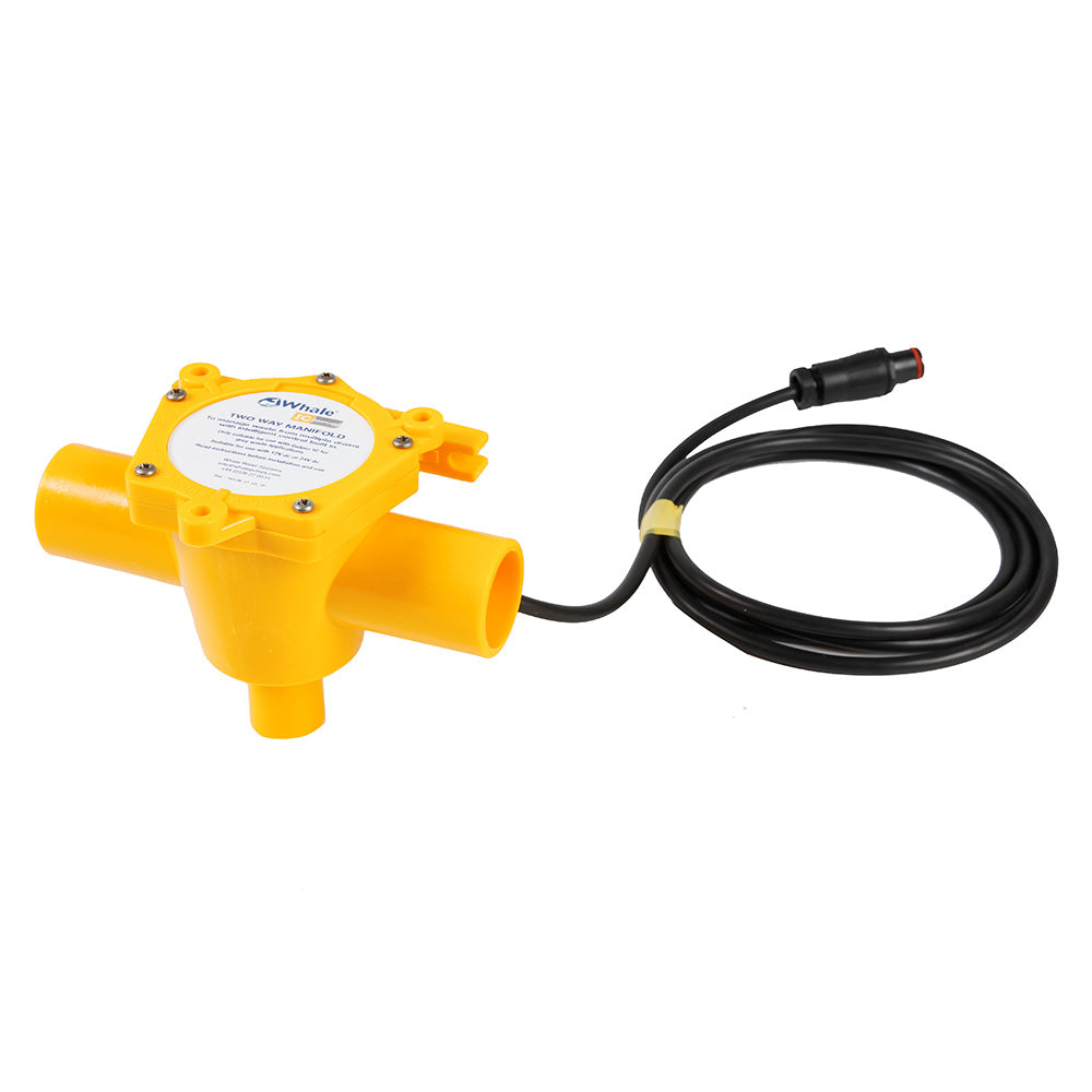 Whale Marine 2-Way Waste Manifold with 12-foot cable and 1-1/2 inch ports, marine plumbing accessory for waste management.