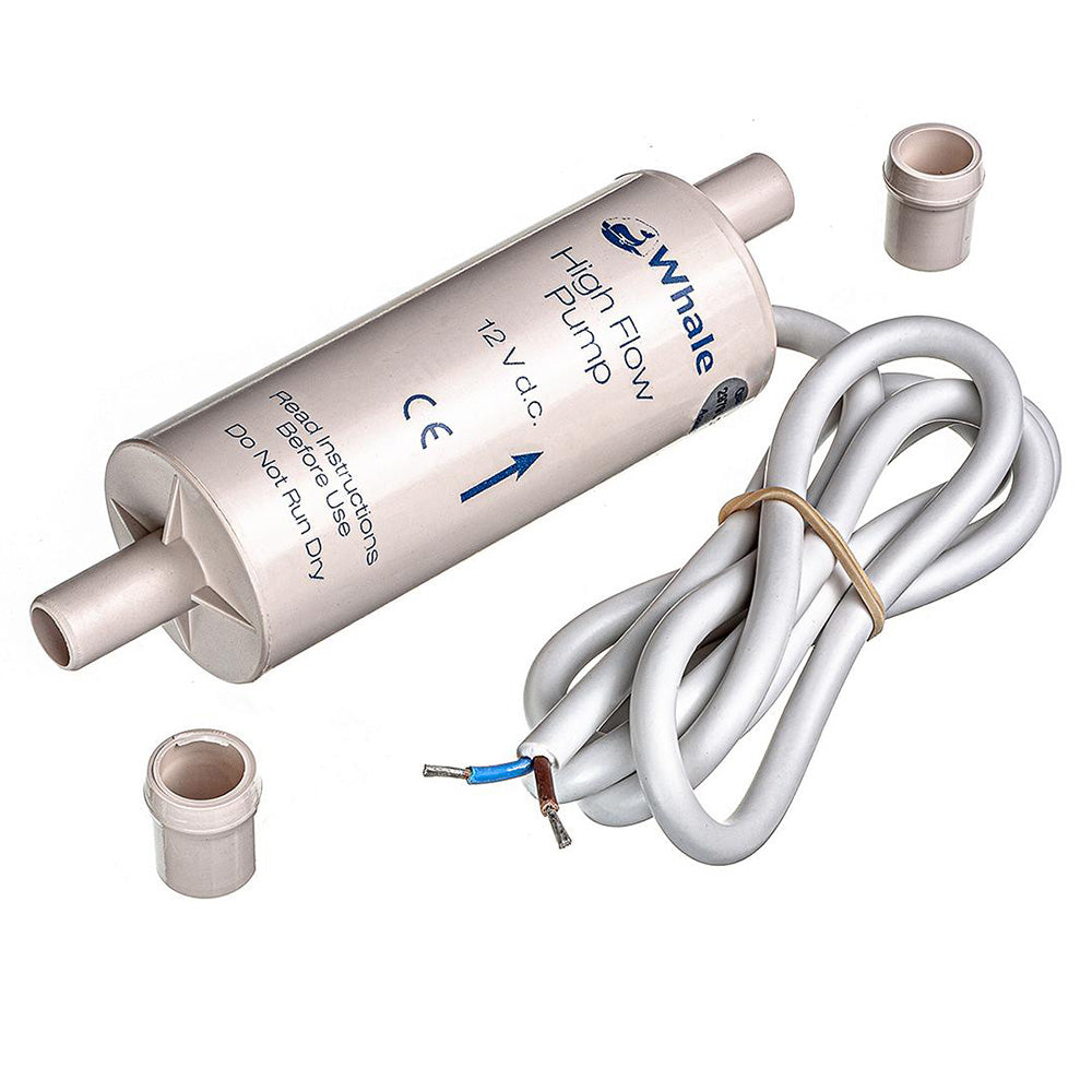 Whale Marine inline booster high flow electric galley pump, 12V bilge pump, compact design with durable construction for marine use.