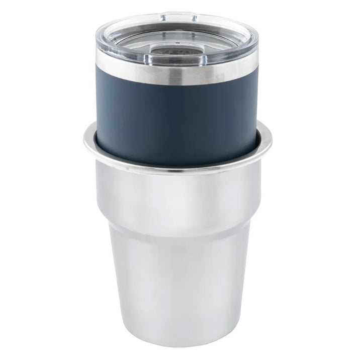 Whitecap extra-large stainless steel deck cupholder mounted flush in a boat galley setting.