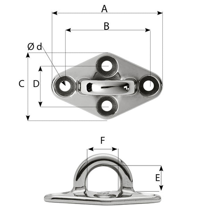 Wichard Marine Diamond Pad Eye, round, 98mm length with M8 screw, marine hardware accessory for securing lines or fittings.