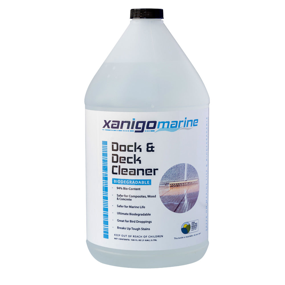 Xanigo Marine Dock Deck Cleaner in a 1-gallon container, used for cleaning and maintaining boat docks and marine surfaces.