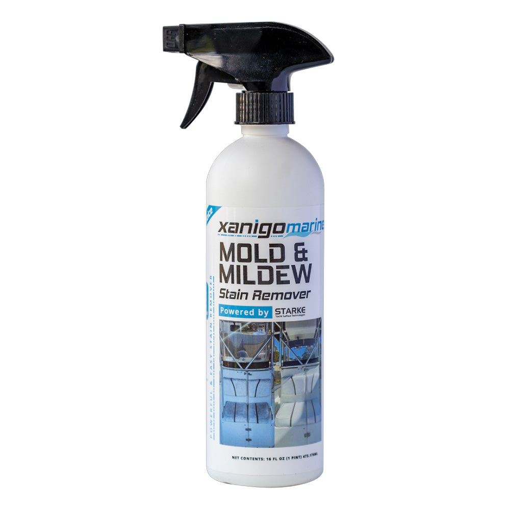 Xanigo Marine Mold and Mildew Stain Remover in a 16oz bottle, designed for cleaning mold and mildew stains from marine surfaces.