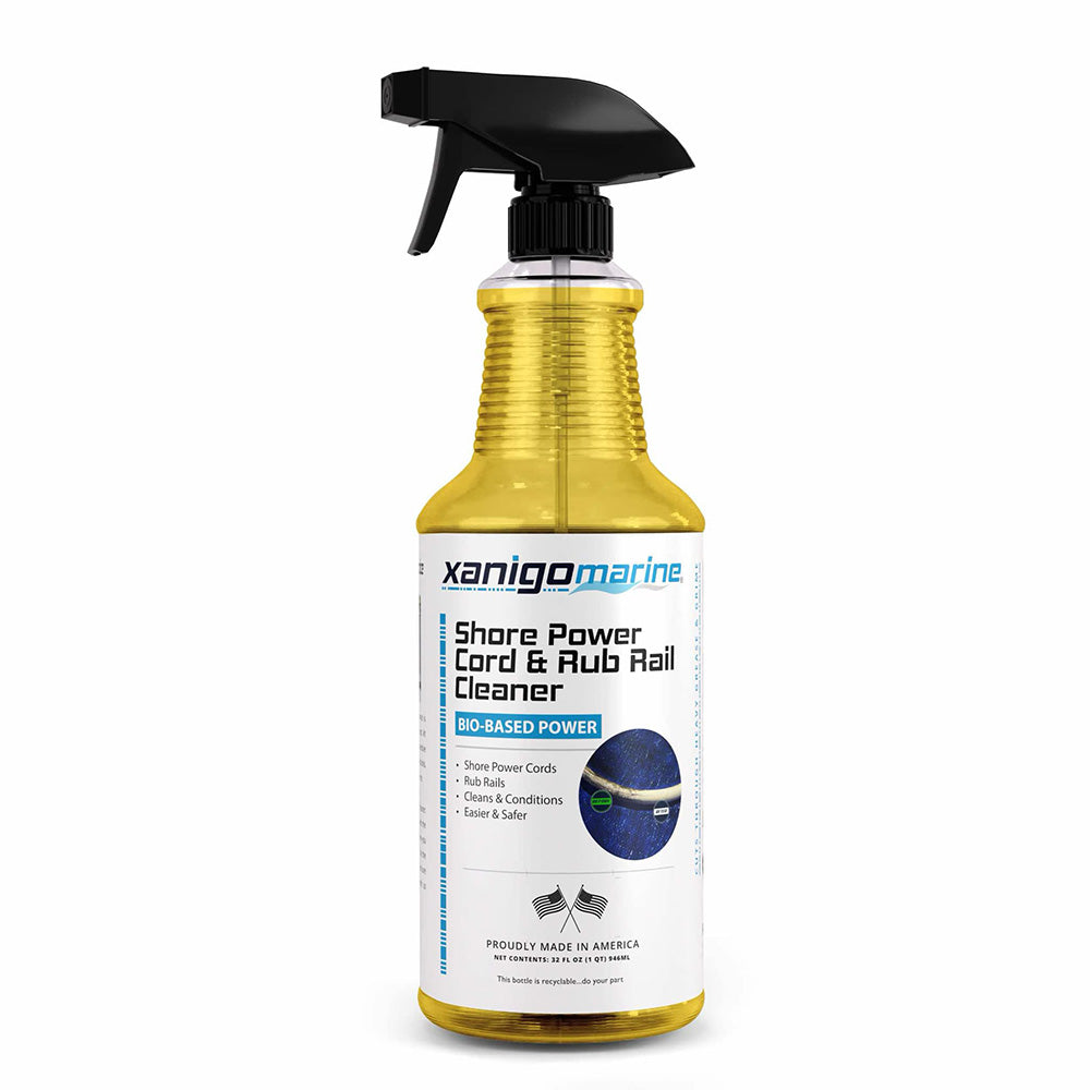 Xanigo Marine Shore Power Cord and Rub Rail Cleaner in 32oz bottle, designed for marine cleaning and maintenance.