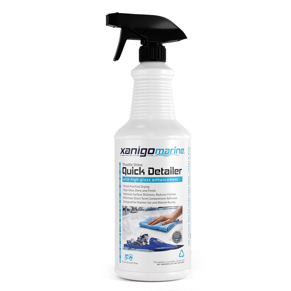 Xanigo Marine Throttle Shine Marine Quick Detailer in a 32oz bottle, used for cleaning and shining boat surfaces.