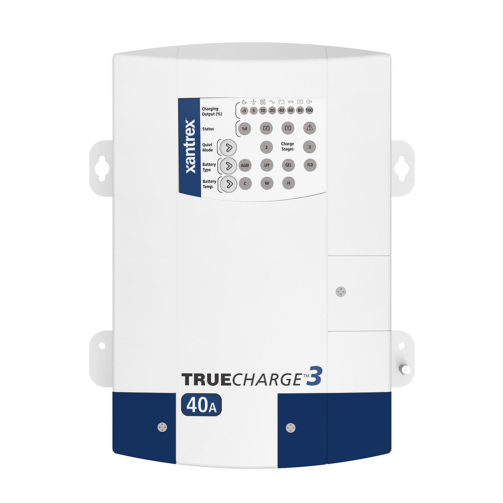 Xantrex TRUEcharge3 40A 3-bank battery charger for 12V batteries, featuring multiple charging banks and digital controls.