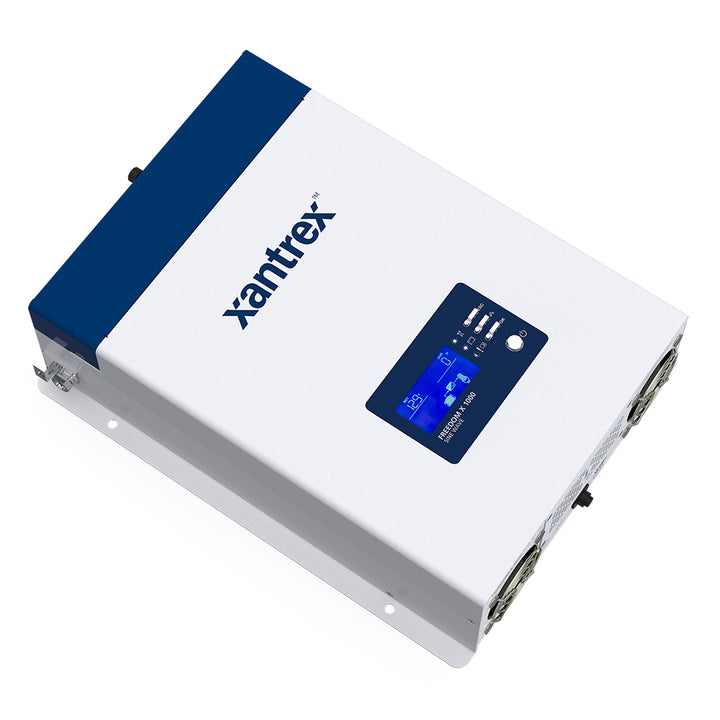 Xantrex Freedom X 1000 true sine wave power inverter displaying 12V DC to 120V AC conversion, 1000W capacity.