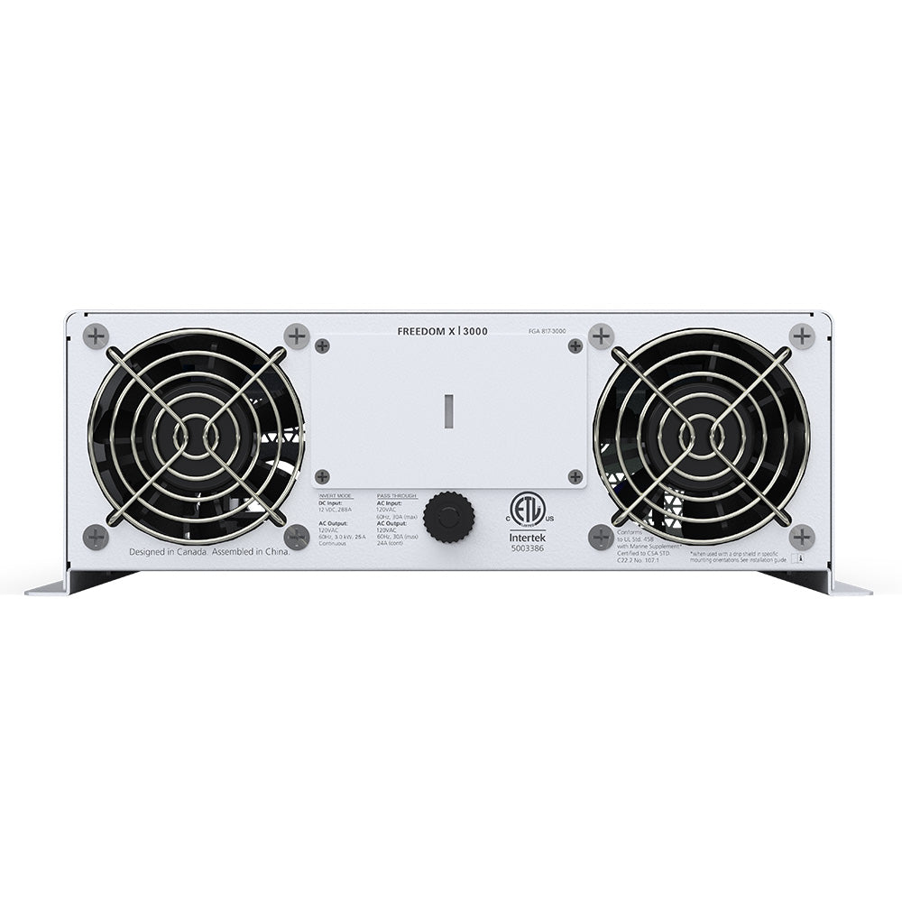 Xantrex Freedom X 3000 TrueSine inverter showing front view with 120V AC and 12V DC hardwire connections