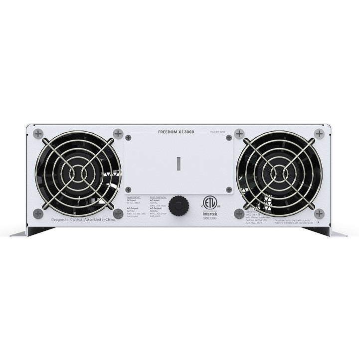 Xantrex Freedom X 3000 TrueSine inverter showing front view with 120V AC and 12V DC hardwire connections